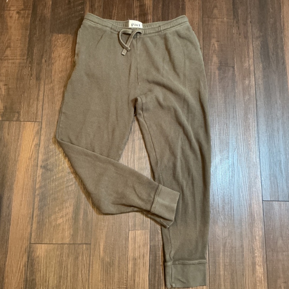 Pact Organic Cotton Waffle Knit Joggers Olive Green Thermal Lounge Pants Size M